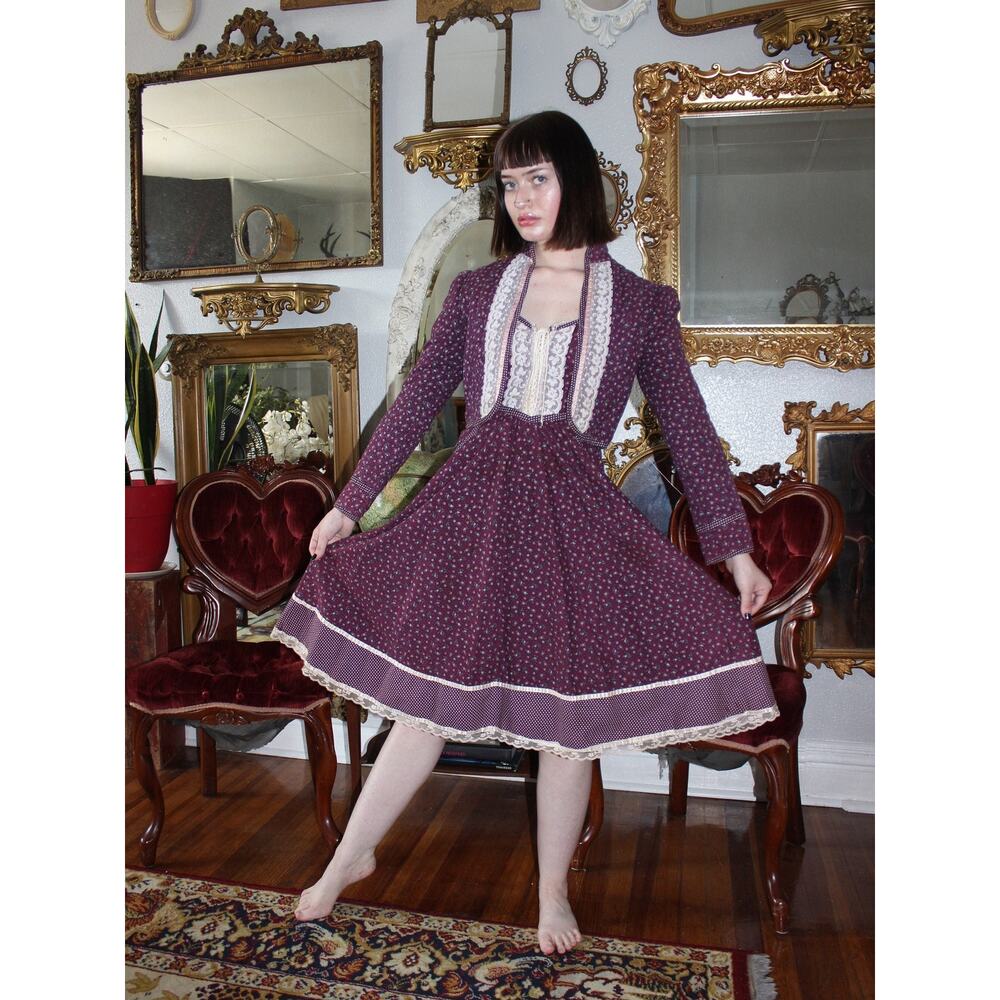 Gunne Sax by Jessica Burgundy Dress Quilted Jacket Set Long Sleeve Small